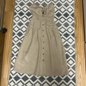 EXPRESS khaki Linen Blend A Line Button Detail Sleeveless Tie Front Dress Size S